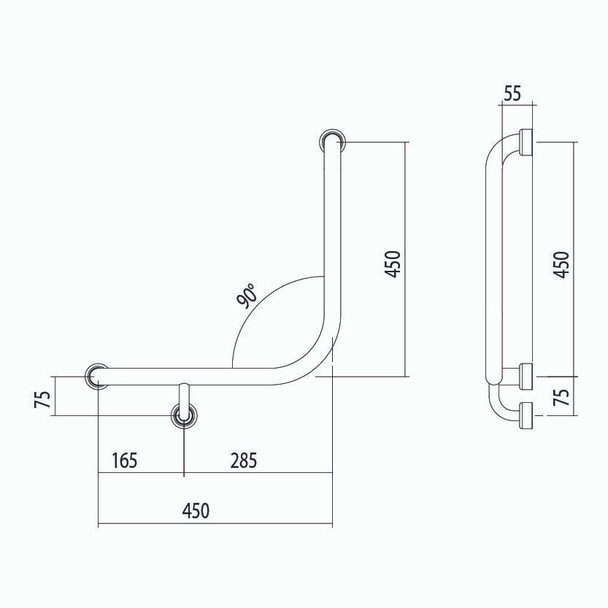 Hygienic Seal® 90° Ambulant Grab Rail 450mm x 450mm
