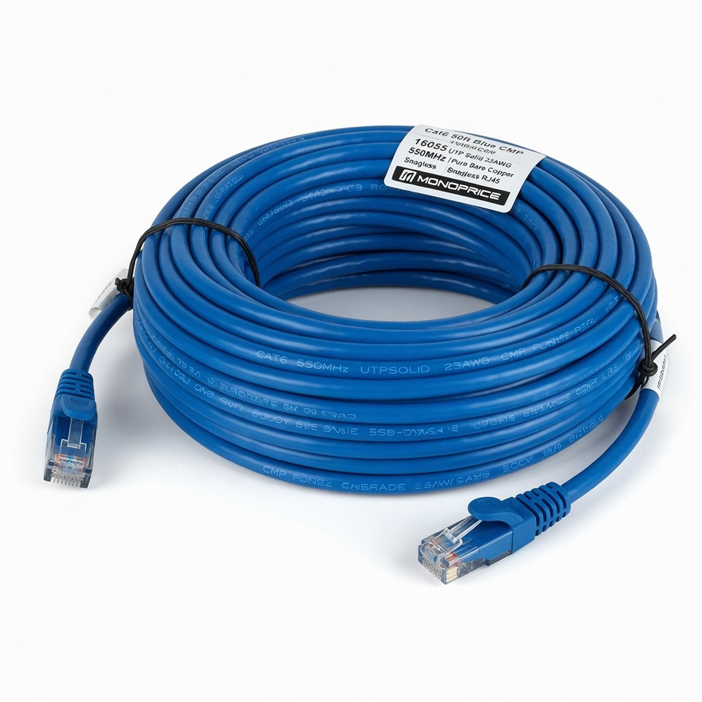 Monoprice Cat6 50ft Blue CMP Patch Cable UTP Solid 23AWG 550MHz Pure Bare Copper Snagless RJ45 Entegrade Series Ethernet Cable