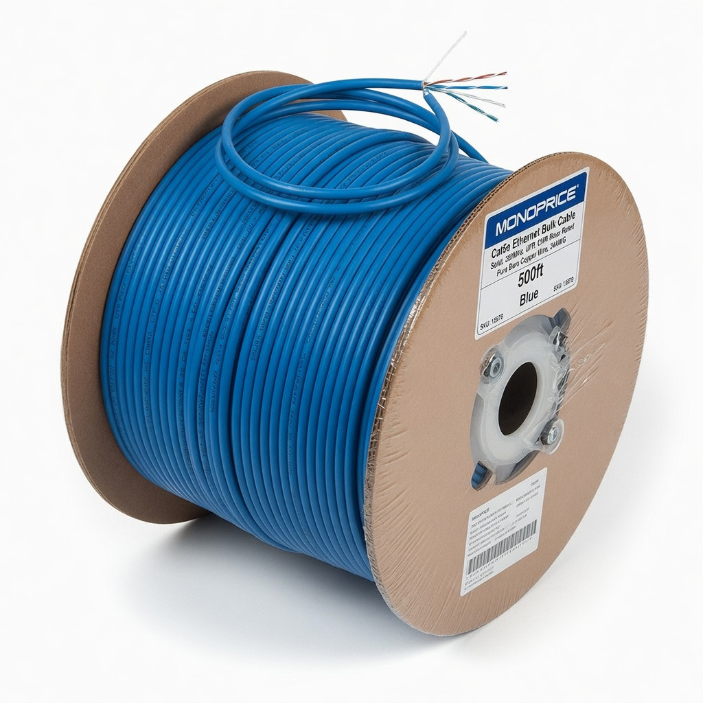 Monoprice Cat5e Ethernet Bulk Cable - Network Internet Cord - Solid, 350Mhz, UTP, CMR, Riser Rated, Pure Bare Copper Wire, 24AWG, 500ft, Blue