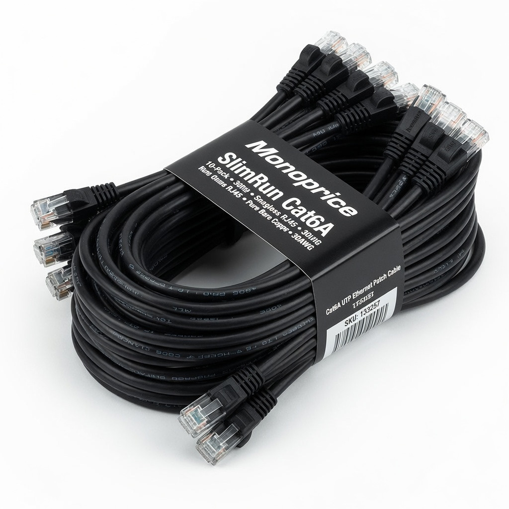 Monoprice - 133257 SlimRun Cat6A Ethernet Patch Cable - Snagless RJ45 UTP Pure Bare Copper Wire 10G 30AWG 30ft Black 10-Pack