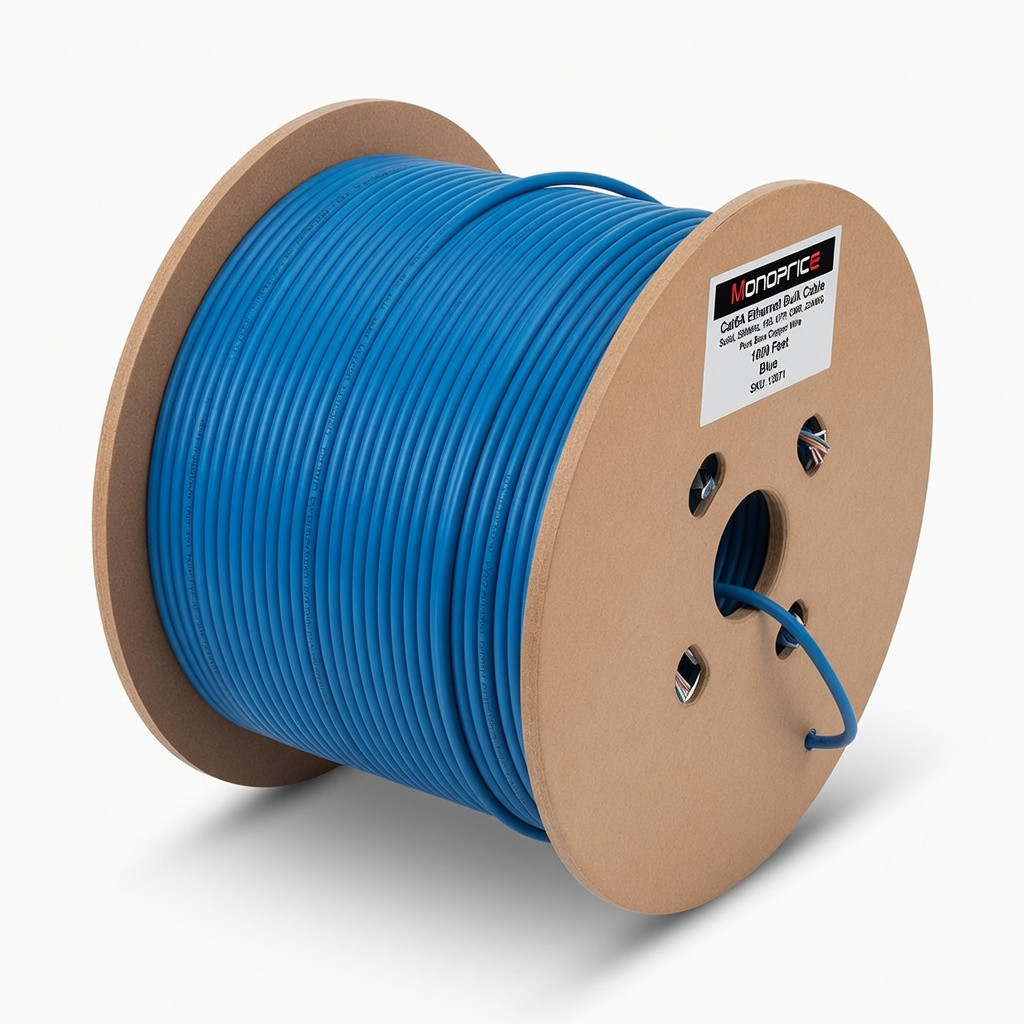 Monoprice Cat6A Ethernet Bulk Cable - Solid, 550Mhz, 10G, UTP, CMR, 23AWG, Pure Bare Copper Wire, No Logo, 1000 Feet, Blue