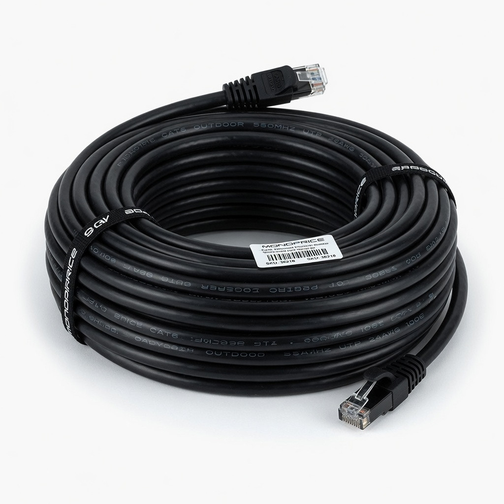 Monoprice Cat6 Ethernet Patch Cable - Outdoor Rated, Snagless RJ45, Stranded, 550MHz, UTP, 24AWG, 100 Feet, Black