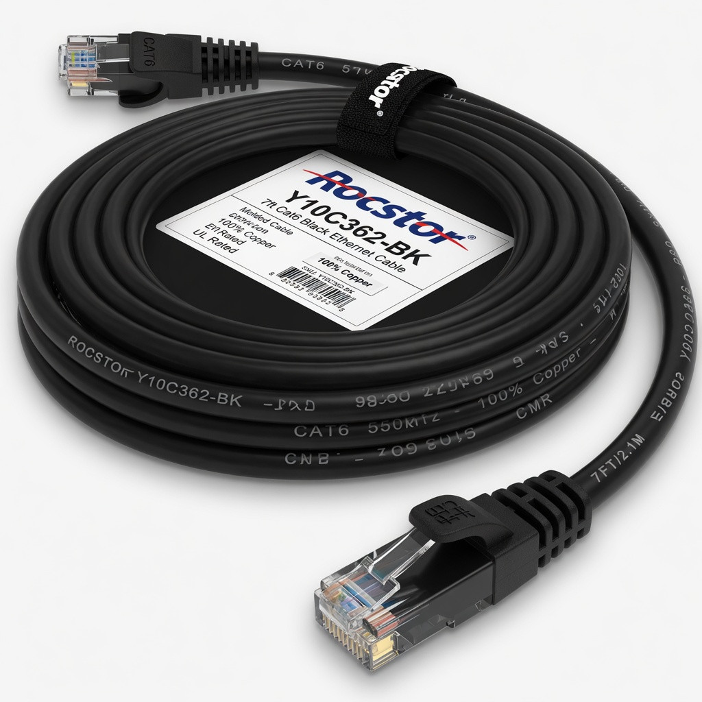 Rocstor Y10C362-BK 7ft Cat6 Black Ethernet Molded Cabl 100% Copper Ul Rated Cable