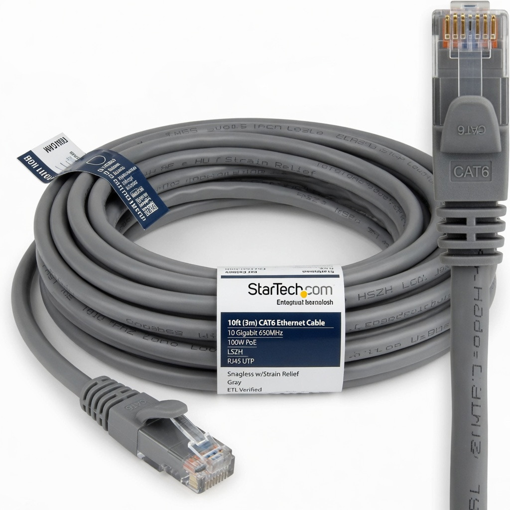 StarTech 10ft (3m) CAT6 Ethernet Cable - LSZH (Low Smoke Zero Halogen) - 10 Gigabit 650MHz 100W PoE RJ45 UTP Network Patch Cord Snagless w/Strain Relief - Gray CAT 6, ETL Verified (N6LPATCH10GR)