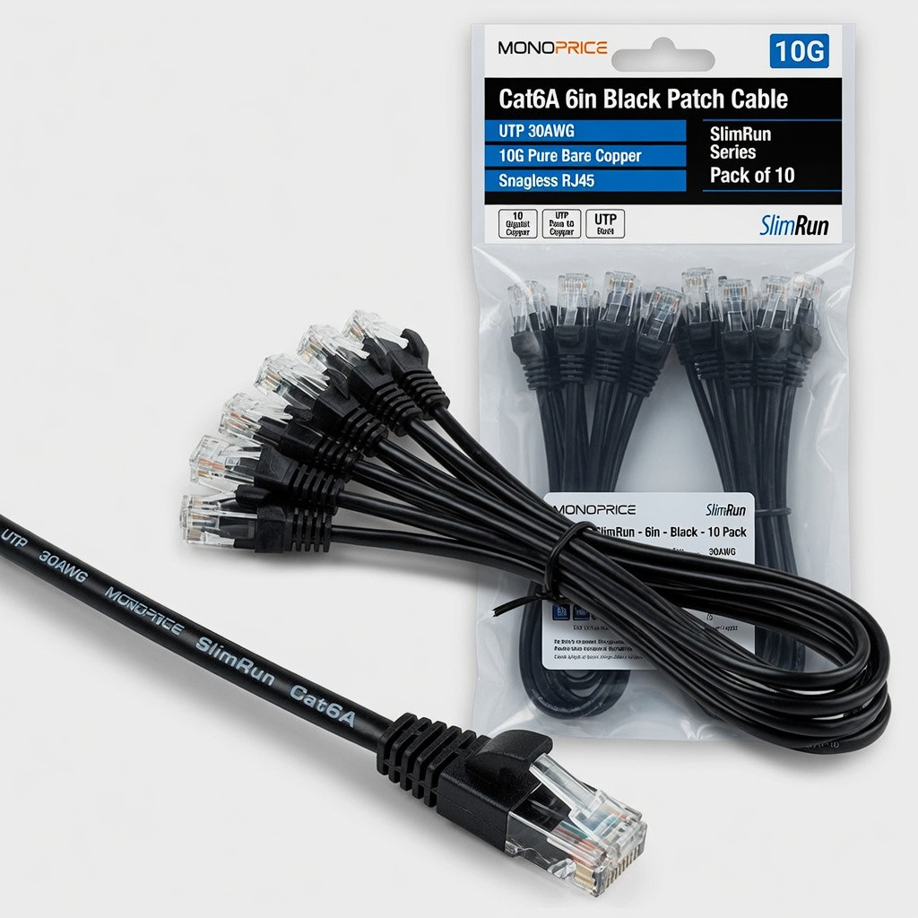 Monoprice Cat6A 6in Black Patch Cable UTP 30AWG 10G Pure Bare Copper Snagless RJ45 SlimRun Series Ethernet Cable- Pack of 10