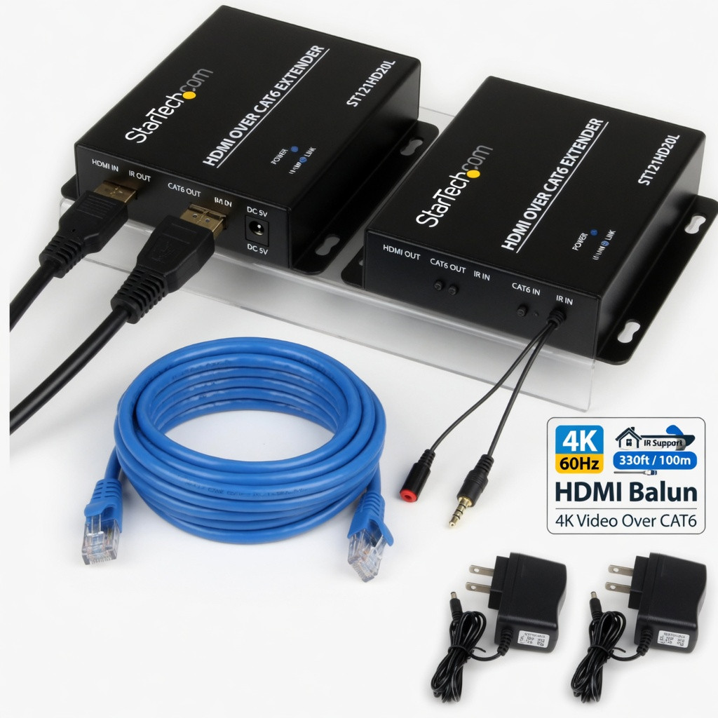 StarTech.com HDMI Over CAT6 Extender - 4K 60Hz - 330ft / 100m - IR Support - HDMI Balun - 4K Video Over CAT6 (ST121HD20L)