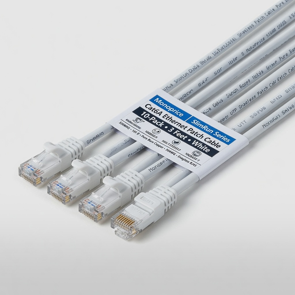 Monoprice Cat6A Ethernet Patch Cable - Snagless RJ45, 550Mhz, 10G, UTP, Pure Bare Copper Wire, 30AWG, 10-Pack, 3 Feet, White - SlimRun Series