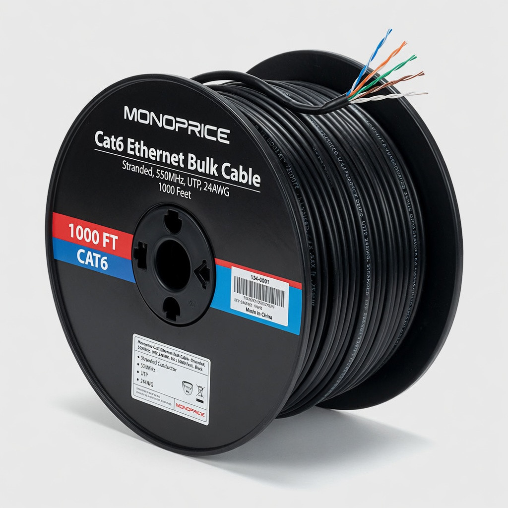 Monoprice Cat6 Ethernet Bulk Cable - Stranded, 550Mhz, UTP, 24AWG, 1000 Feet, Black