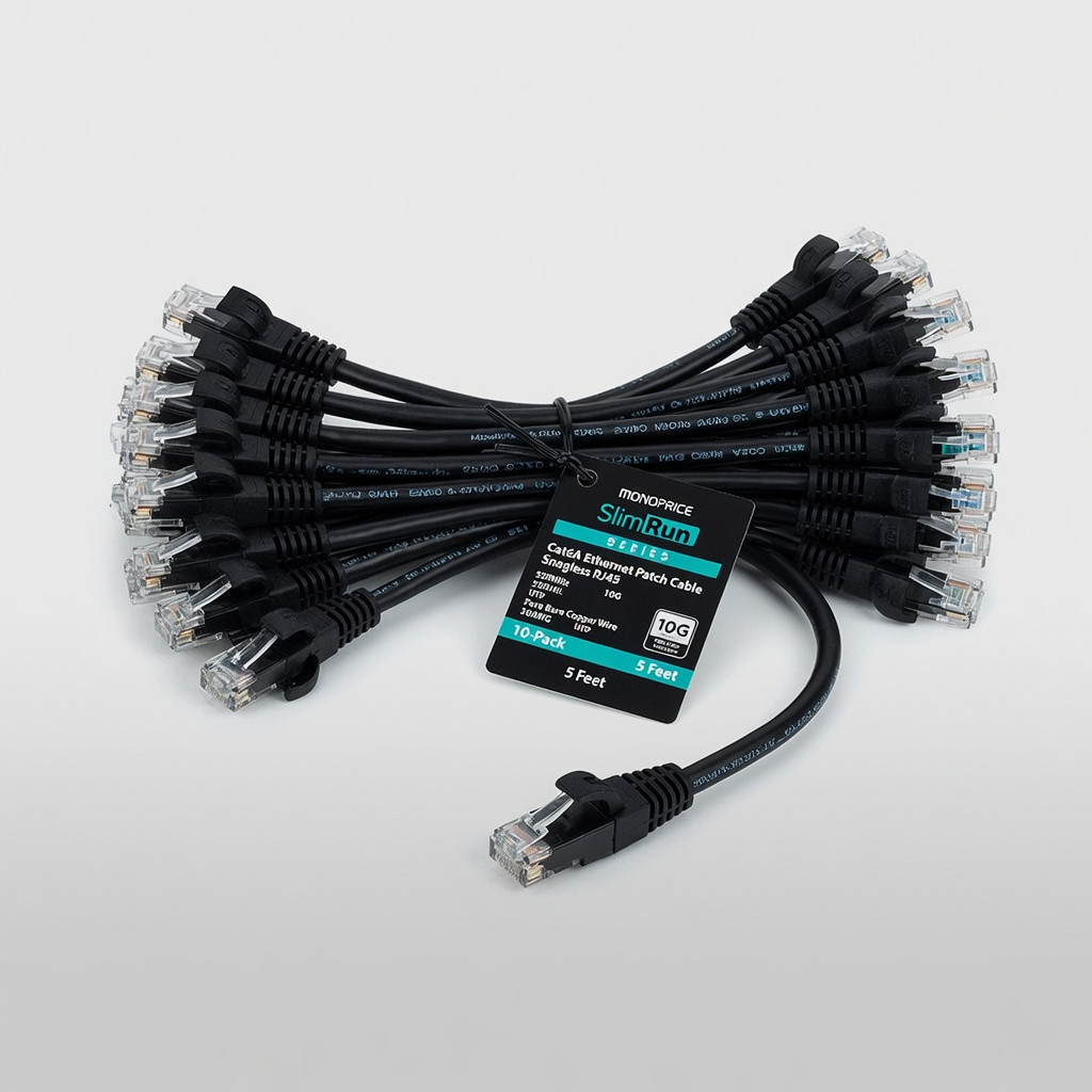 Monoprice Cat6A Ethernet Patch Cable - Snagless RJ45, 550Mhz, 10G, UTP, Pure Bare Copper Wire, 30AWG, 10-Pack, 5 Feet, Black - SlimRun Series