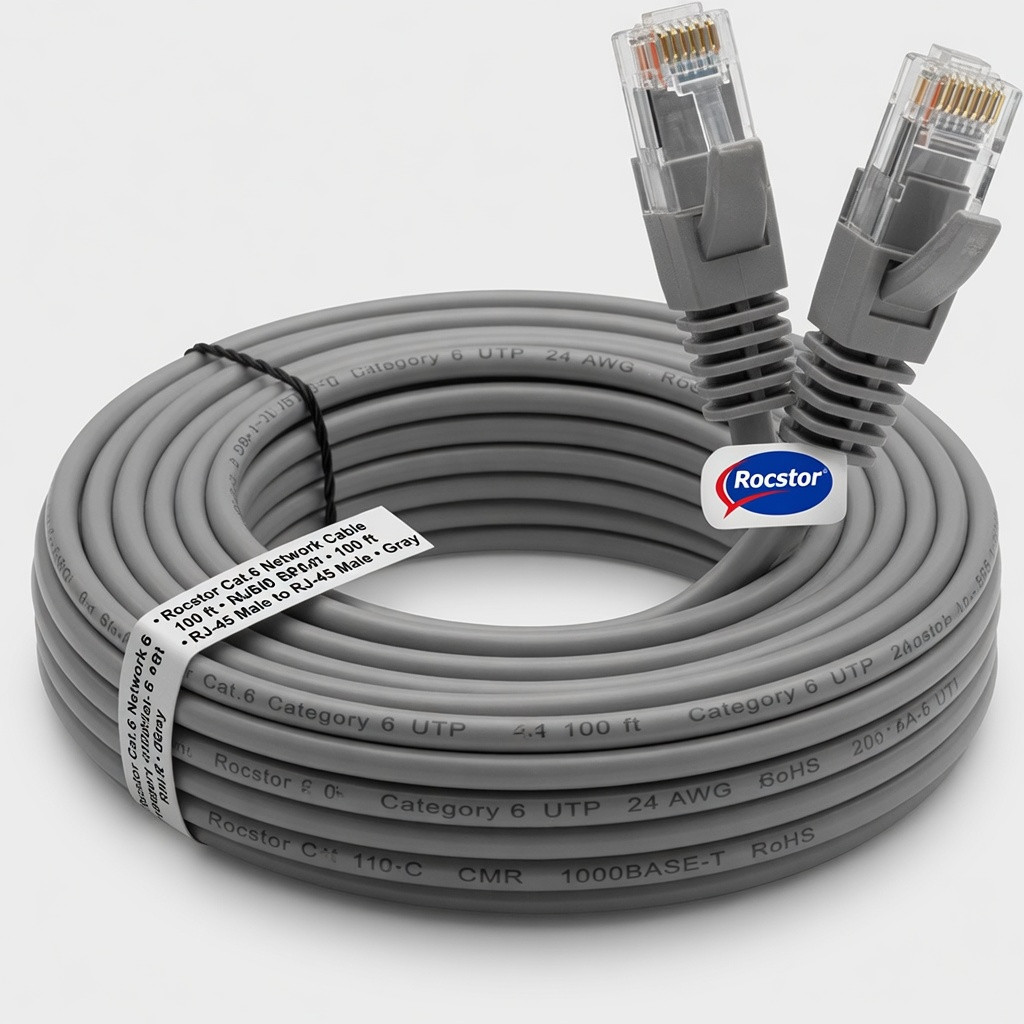 Rocstor Cat.6 Network Cable - 100 ft Category 6 Network Cable for Network Device - First End: 1 x RJ-45 Network - Male - Second End: 1 x RJ-45 Network - Male - Gray