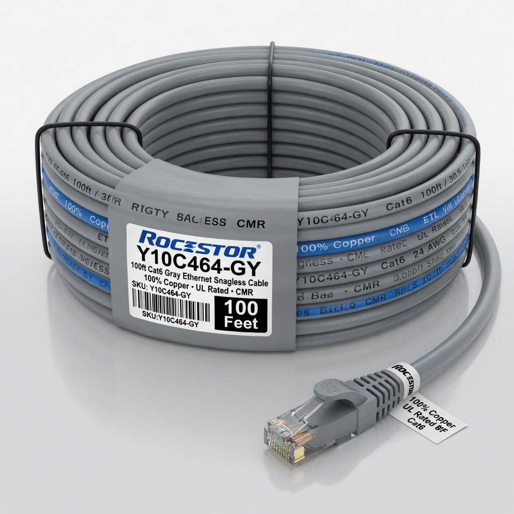 Rocstor Y10C464-GY 100ftcat6 Gray Ethern Snagless Cabl 100% Copper Ul Rated Cable