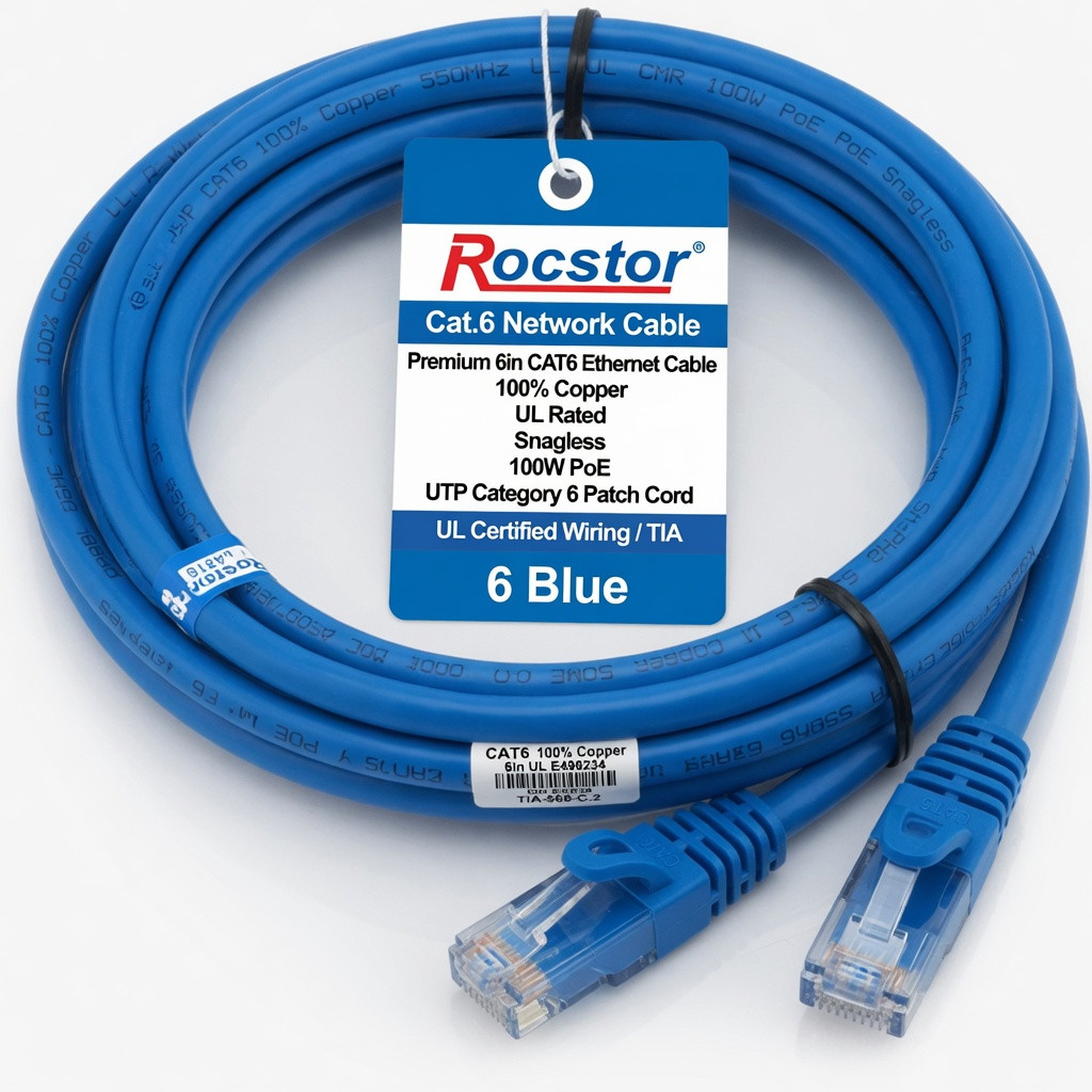 Rocstor Cat.6 Network Cable Premium 6in CAT6 Ethernet Cable - 100% Copper UL Rated - Blue - Snagless - 100W PoE UTP Category 6 Patch Cord UL Certified Wiring/TIA - 6" Blue CAT6 Ethernet