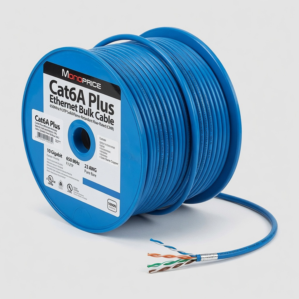 Monoprice Cat6A Plus Ethernet Bulk Cable - 650MHz F/UTP Solid Flame-Retardant Riser-Rated (CMR) 10G 23AWG Pure Bare Copper Wire Blue (UL)