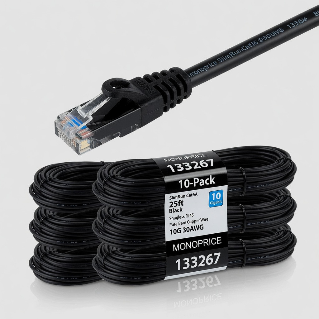 Monoprice - 133267 SlimRun Cat6A Ethernet Patch Cable - Snagless RJ45 UTP Pure Bare Copper Wire 10G 30AWG 25ft Black 10-Pack