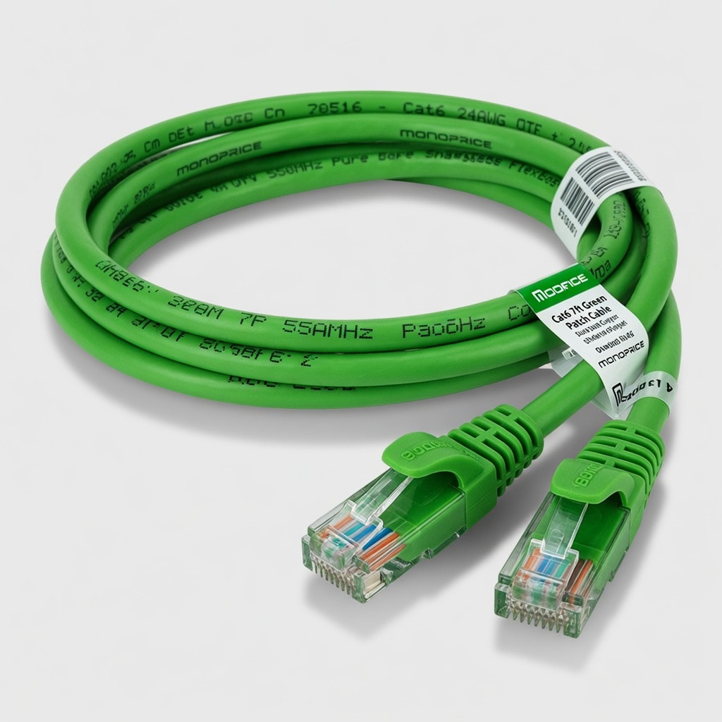 Monoprice Cat6 7ft Green Patch Cable UTP 24AWG 550MHz Pure Bare Copper Snagless RJ45 Flexboot Series Ethernet Cable- Pack of 1