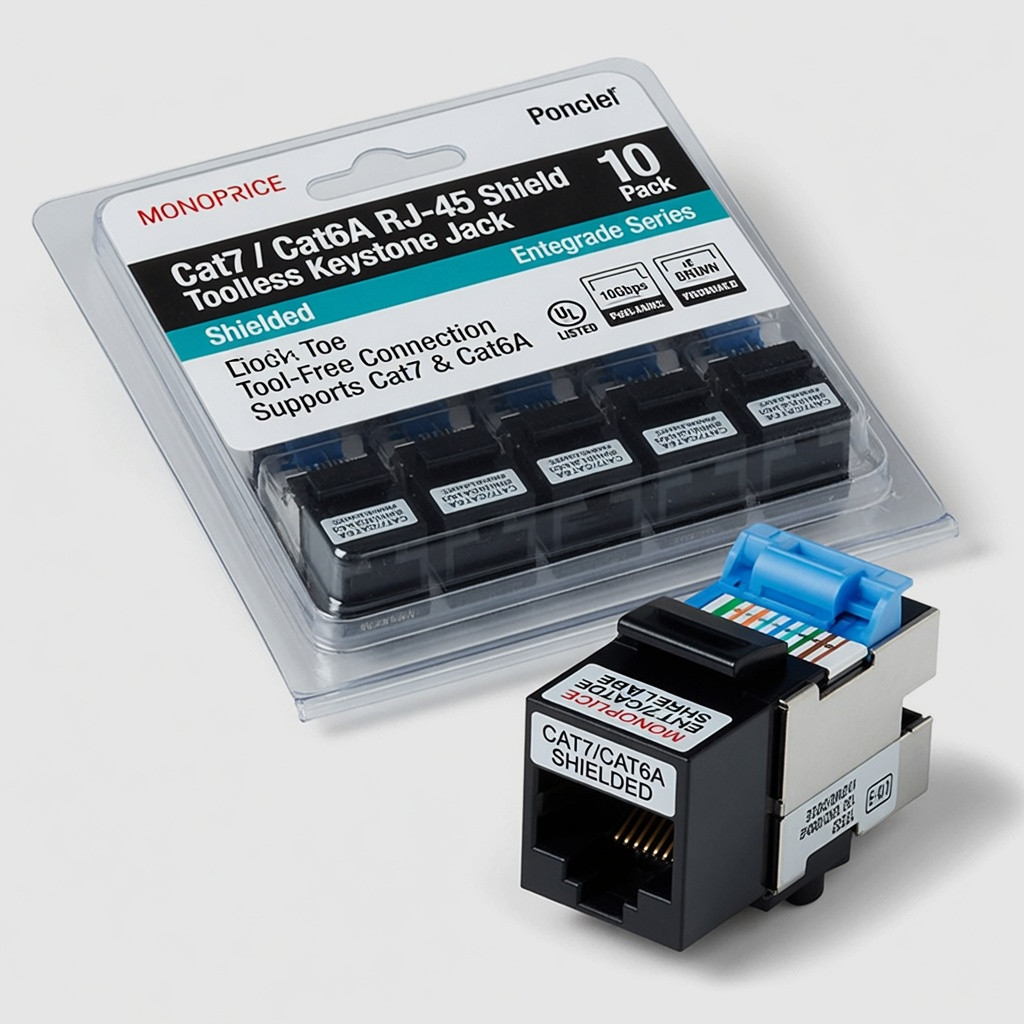Monoprice Cat7 or Cat6A RJ-45 Shielded Toolless Keystone Jack (10 Pack) Shielded, Tool-Free Connection - Entegrade Series