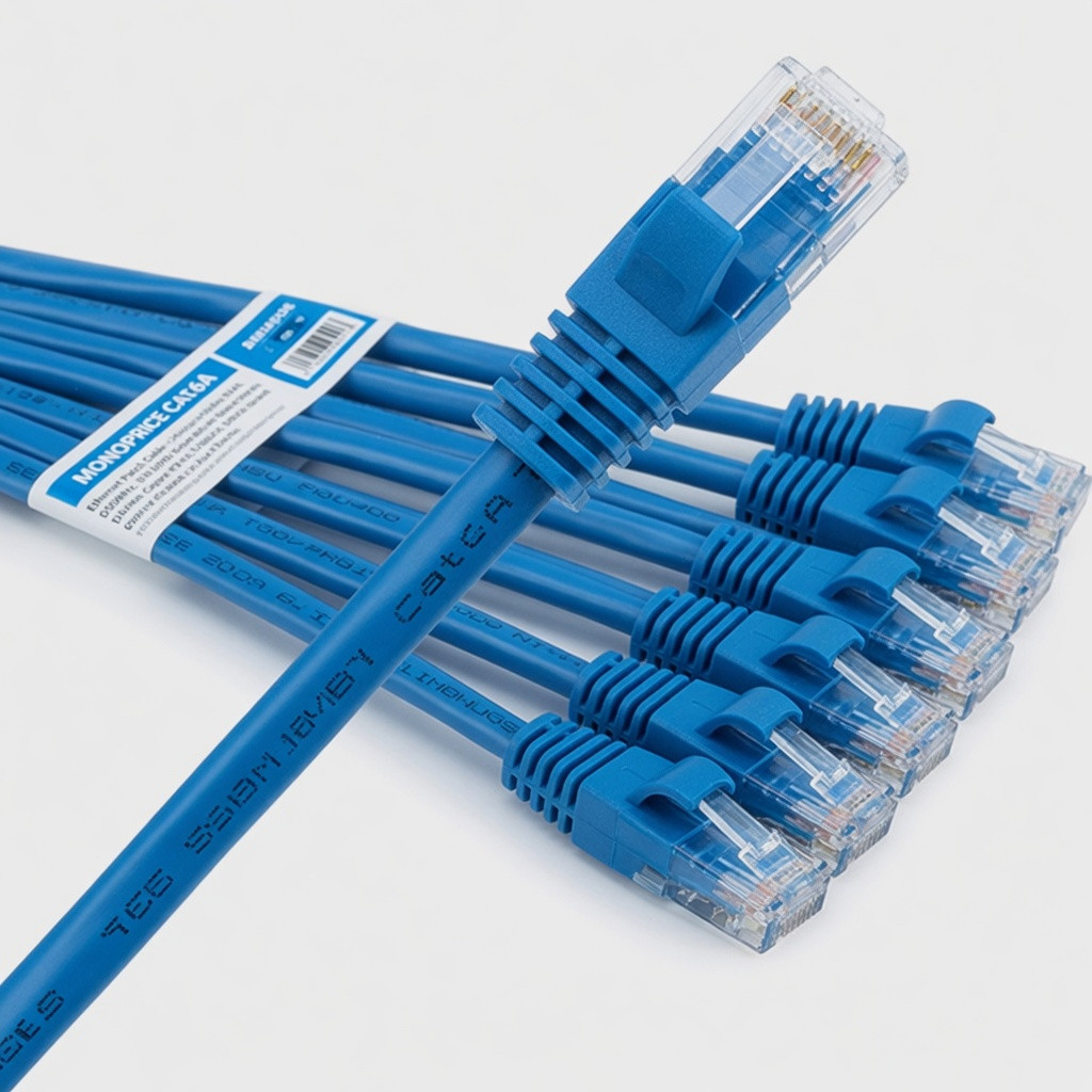 Monoprice Cat6A Ethernet Patch Cable - Snagless RJ45, 550Mhz, 10G, UTP, Pure Bare Copper Wire, 30AWG, 10-Pack, 7 Feet, Blue - SlimRun Series