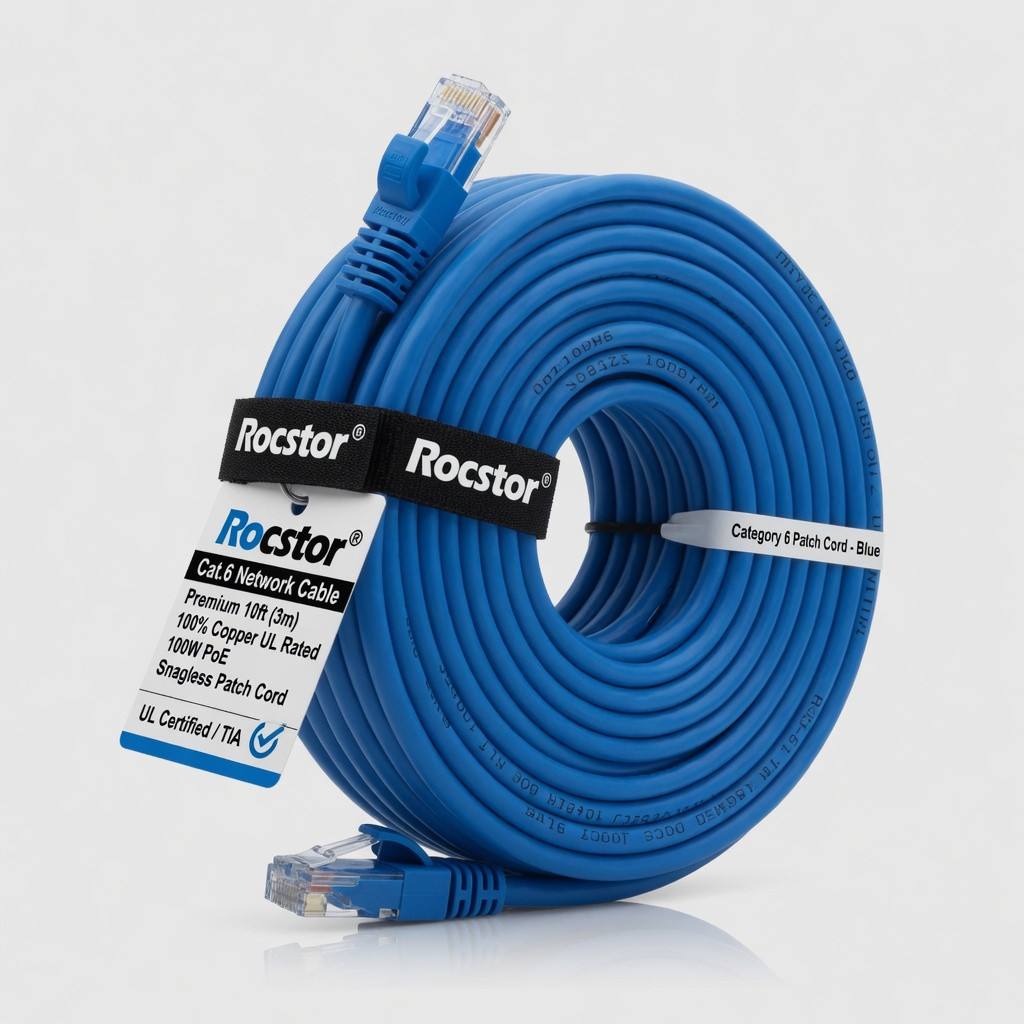 Rocstor Cat.6 Network Cable Premium 10ft (3m) CAT6 Ethernet Cable - 100% Copper UL Rated - Blue - Snagless - 100W PoE UTP Category 6 Patch Cord UL Certified Wiring/TIA - 10ft Blue CAT6 Ether
