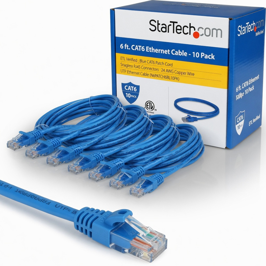StarTech.com 6 ft. CAT6 Ethernet Cable - 10 Pack - ETL Verified - Blue CAT6 Patch Cord - Snagless RJ45 Connectors - 24 AWG Copper Wire - UTP Ethernet Cable (N6PATCH6BL10PK)