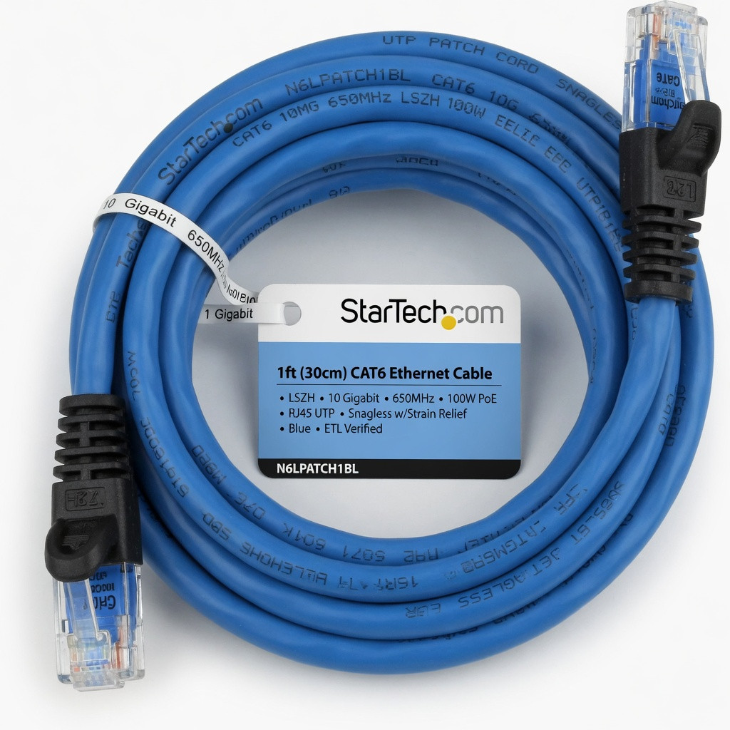 StarTech.com 1ft (30cm) CAT6 Ethernet Cable - LSZH (Low Smoke Zero Halogen) - 10 Gigabit 650MHz 100W PoE RJ45 UTP Network Patch Cord Snagless w/Strain Relief - Blue CAT 6, ETL Verified (N6LPATCH1BL)