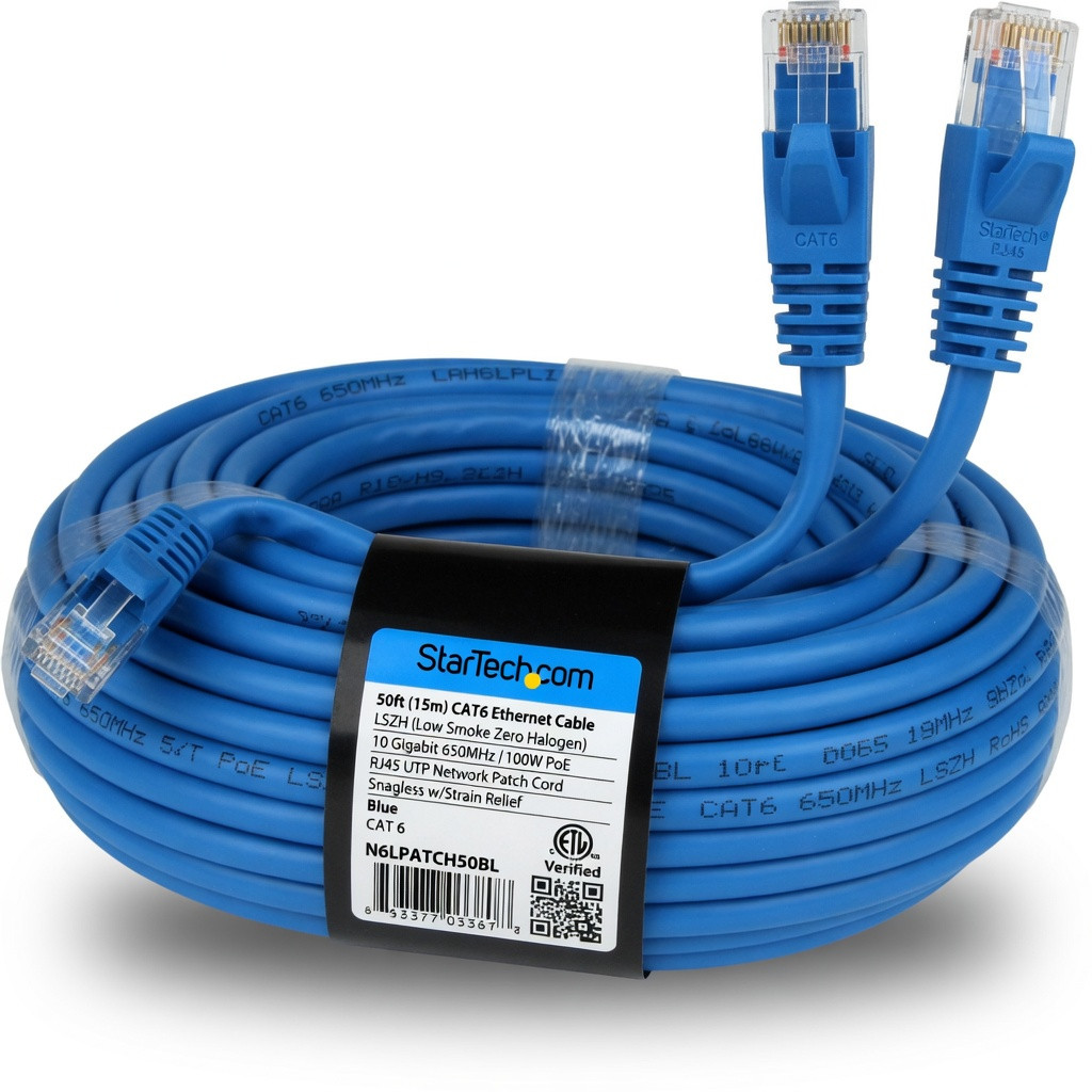 StarTech.com 50ft (15m) CAT6 Ethernet Cable - LSZH (Low Smoke Zero Halogen) - 10 Gigabit 650MHz 100W PoE RJ45 UTP Network Patch Cord Snagless w/Strain Relief - Blue CAT 6, ETL Verified (N6LPATCH50BL)