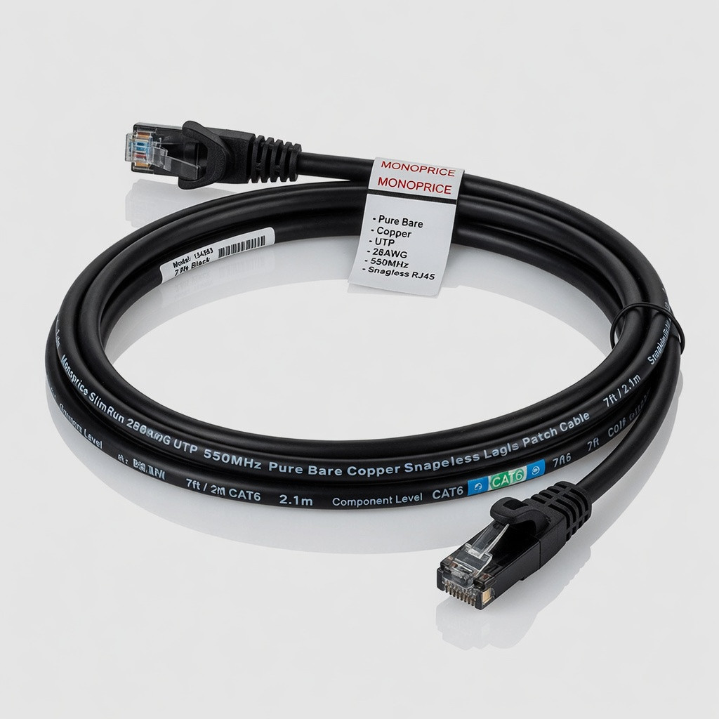 Monoprice Cat6 7ft Black Component Level Patch Cable UTP 28AWG 550MHz Pure Bare Copper Snagless RJ45 SlimRun Series Ethernet Cable