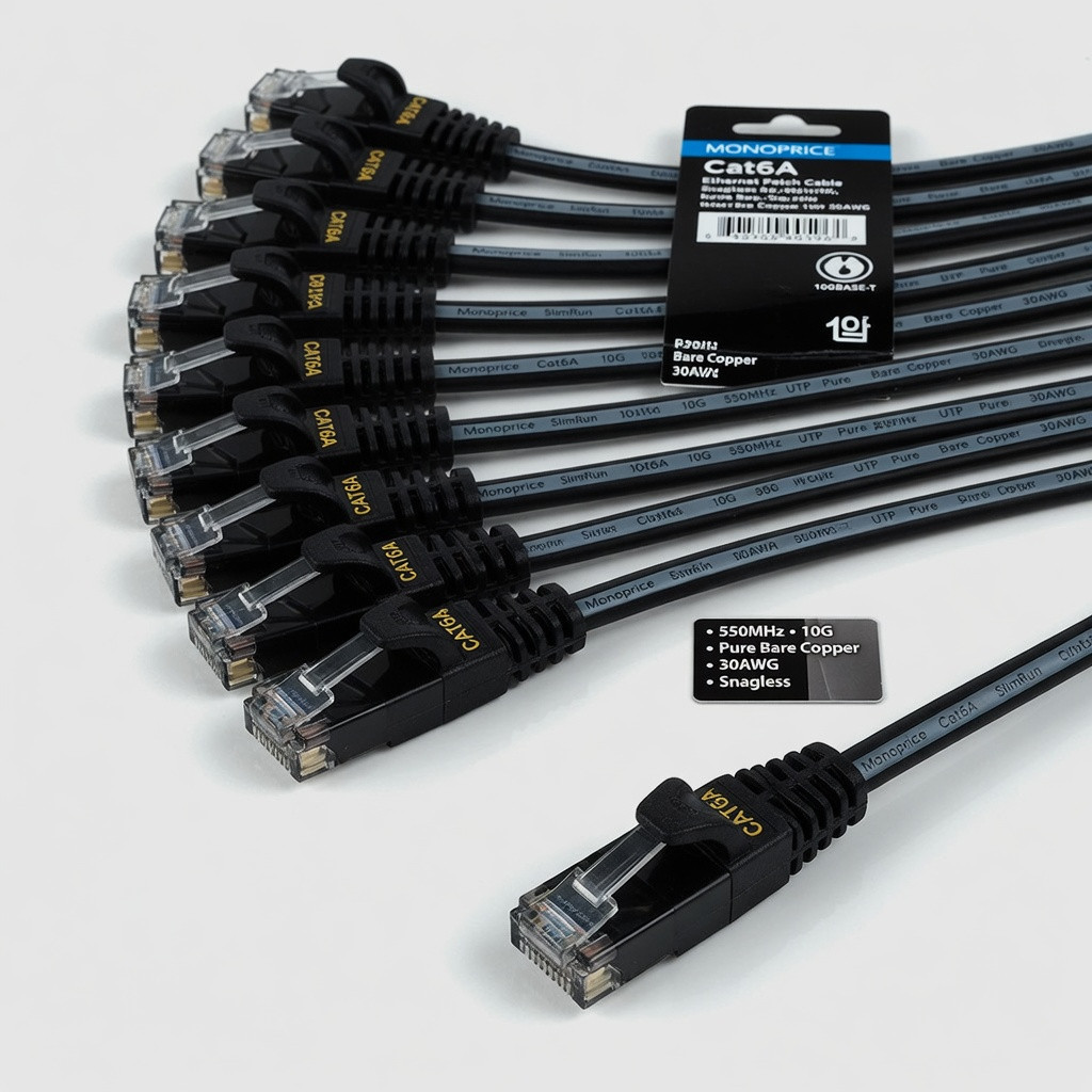 Monoprice Cat6A Ethernet Patch Cable - Snagless RJ45, 550Mhz, 10G, UTP, Pure Bare Copper Wire, 30AWG, 10-Pack, 10 Feet, Black - SlimRun Series