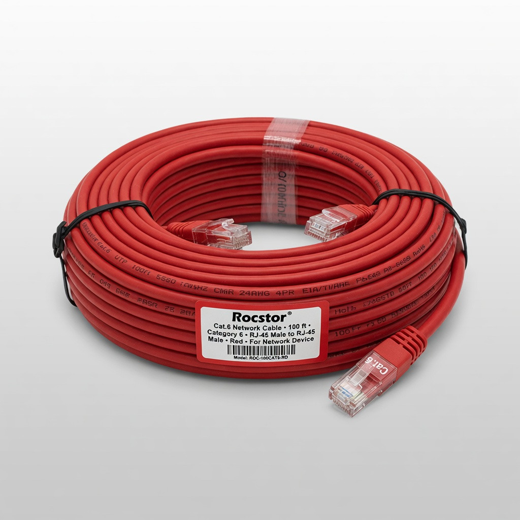 Rocstor Cat.6 Network Cable - 100 ft Category 6 Network Cable for Network Device - First End: 1 x RJ-45 Network - Male - Second End: 1 x RJ-45 Network - Male - Red