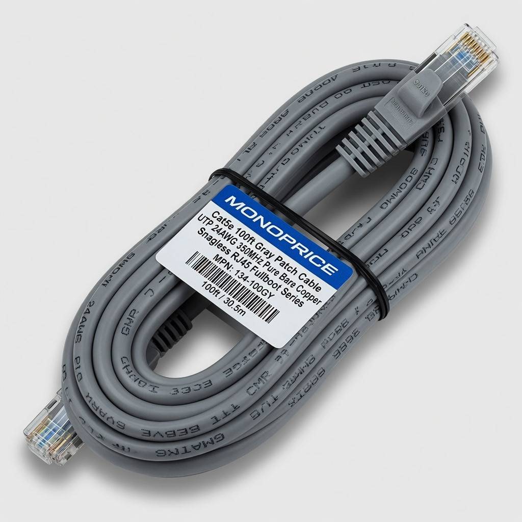 Monoprice Cat5e 100ft Gray Patch Cable UTP 24AWG 350MHz Pure Bare Copper Snagless RJ45 Fullboot Series Ethernet Cable