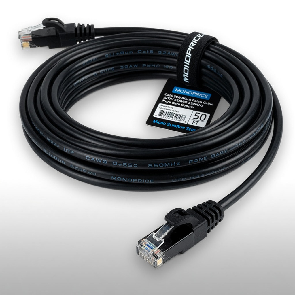 Monoprice Cat6 50ft Black Patch Cable UTP 32AWG 550MHz Pure Bare Copper Snagless RJ45 Micro SlimRun Series Ethernet Cable