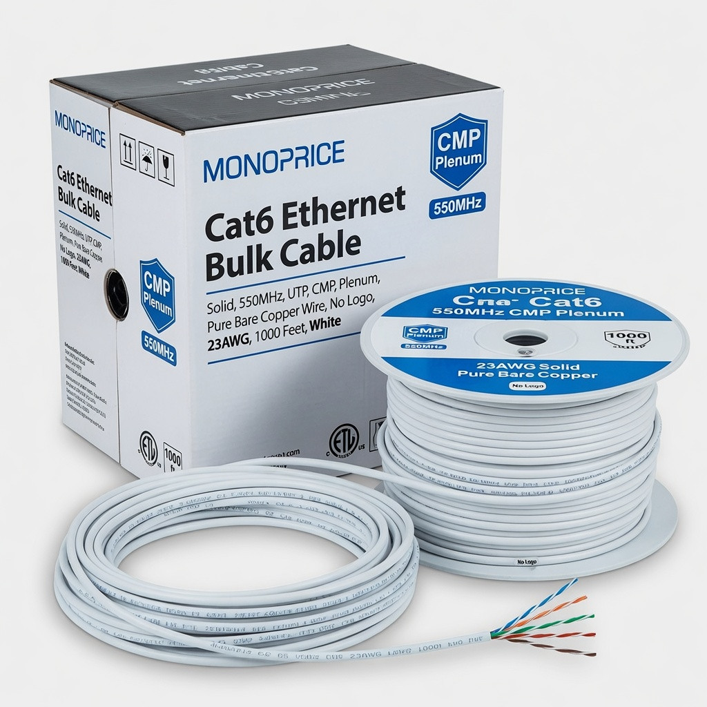 Monoprice Cat6 Ethernet Bulk Cable - Solid, 550Mhz, UTP, CMP, Plenum, Pure Bare Copper Wire, No Logo, 23AWG, 1000 Feet, White
