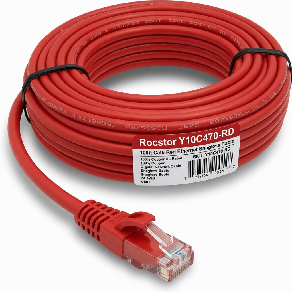 Rocstor Y10C470-RD 100ft Cat6 Red Enet Snagless Cabl 100% Copper Ul Rated Cable