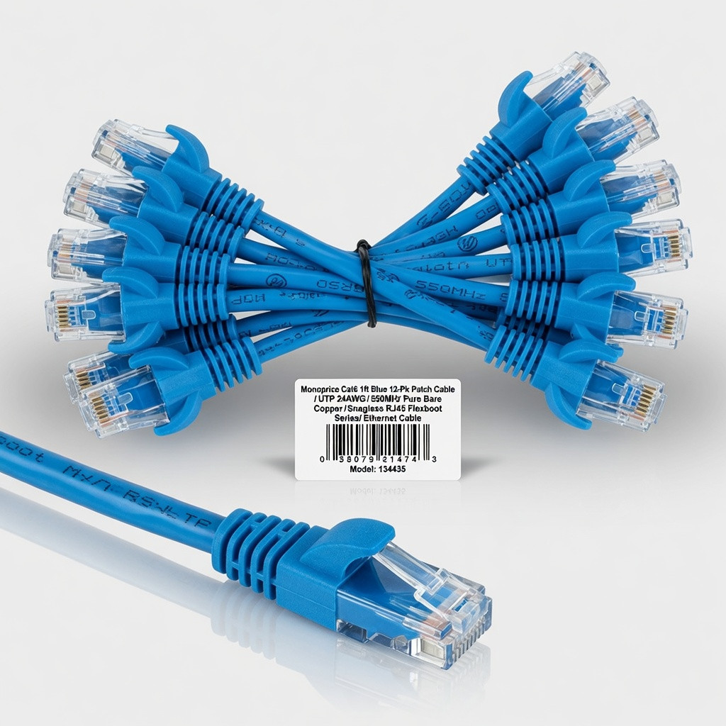 Monoprice Cat6 1ft Blue 12-Pk Patch Cable UTP 24AWG 550MHz Pure Bare Copper Snagless RJ45 Flexboot Series Ethernet Cable