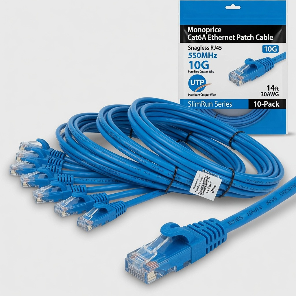Monoprice Cat6A Ethernet Patch Cable - Snagless RJ45, 550Mhz, 10G, UTP, Pure Bare Copper Wire, 30AWG, 10-Pack, 14 Feet, Blue - SlimRun Series