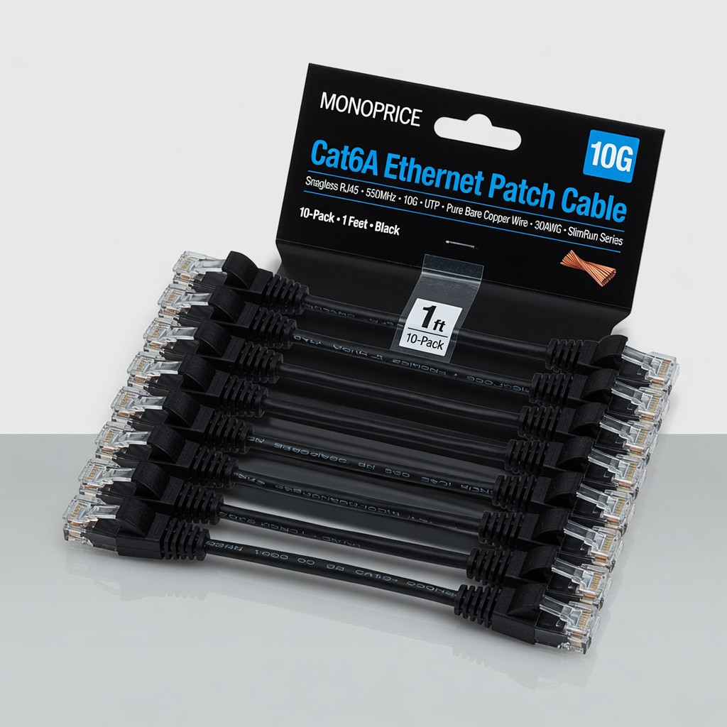 Monoprice Cat6A Ethernet Patch Cable - Snagless RJ45, 550Mhz, 10G, UTP, Pure Bare Copper Wire, 30AWG, 10-Pack, 1 Feet, Black - SlimRun Series