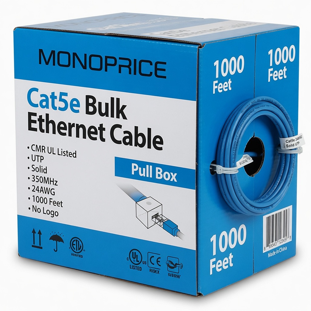Monoprice Cat5e Bulk Ethernet Cable - CMR UL Listed, UTP, Solid, 350MHz, Pull Box, No Logo, 24AWG, 1000 Feet, Blue