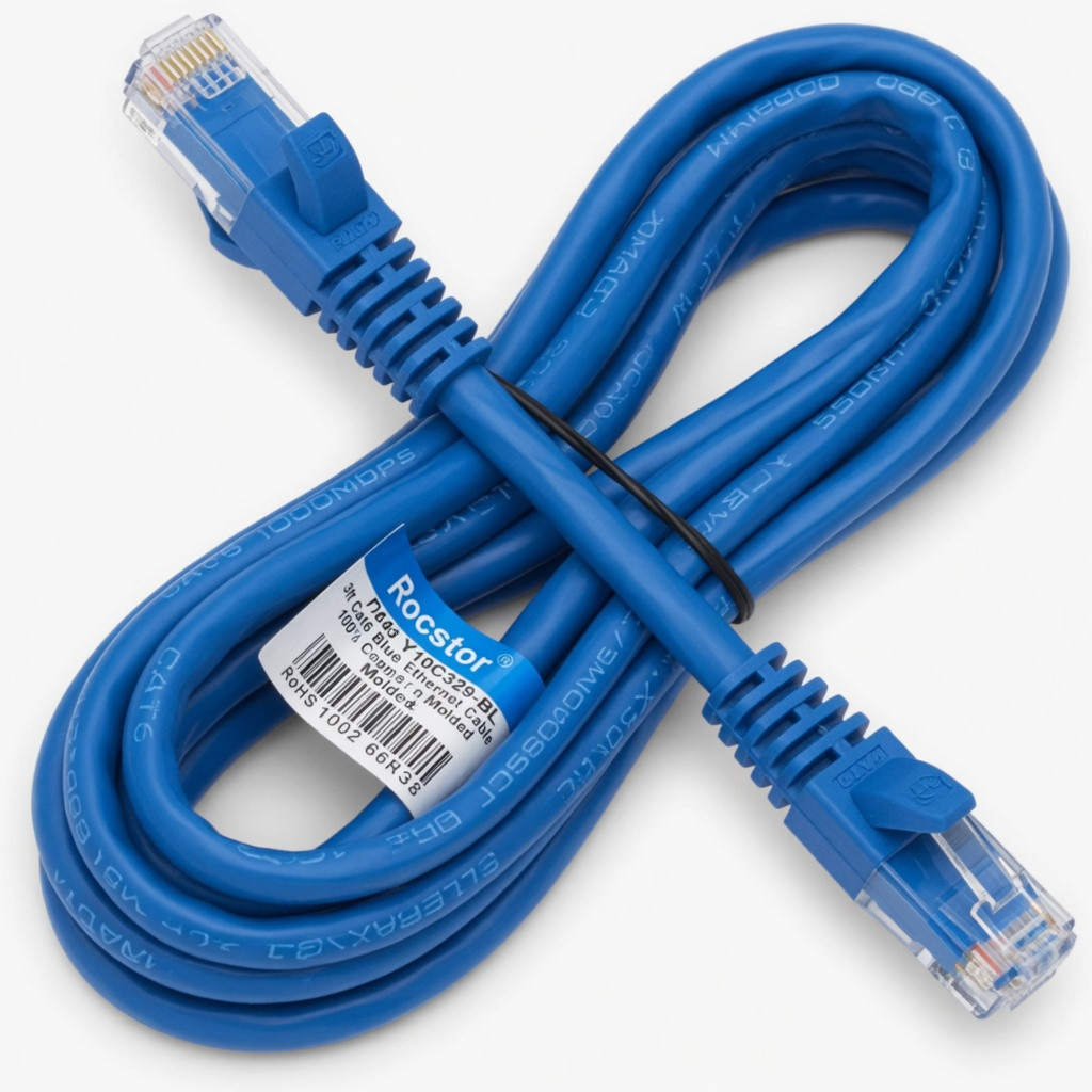 Rocstor Y10C329-BL 3ft Cat6 Blue Ethernet Molded Cabl 100% Copper Ul Rated Cable