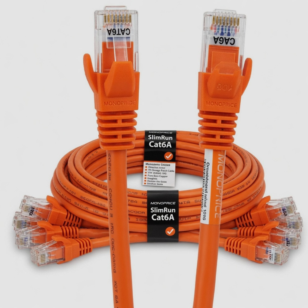 Monoprice Cat6A 7ft Orange Patch Cable UTP 30AWG 10G Pure Bare Copper Snagless RJ45 SlimRun Series Ethernet Cable- Pack of 10