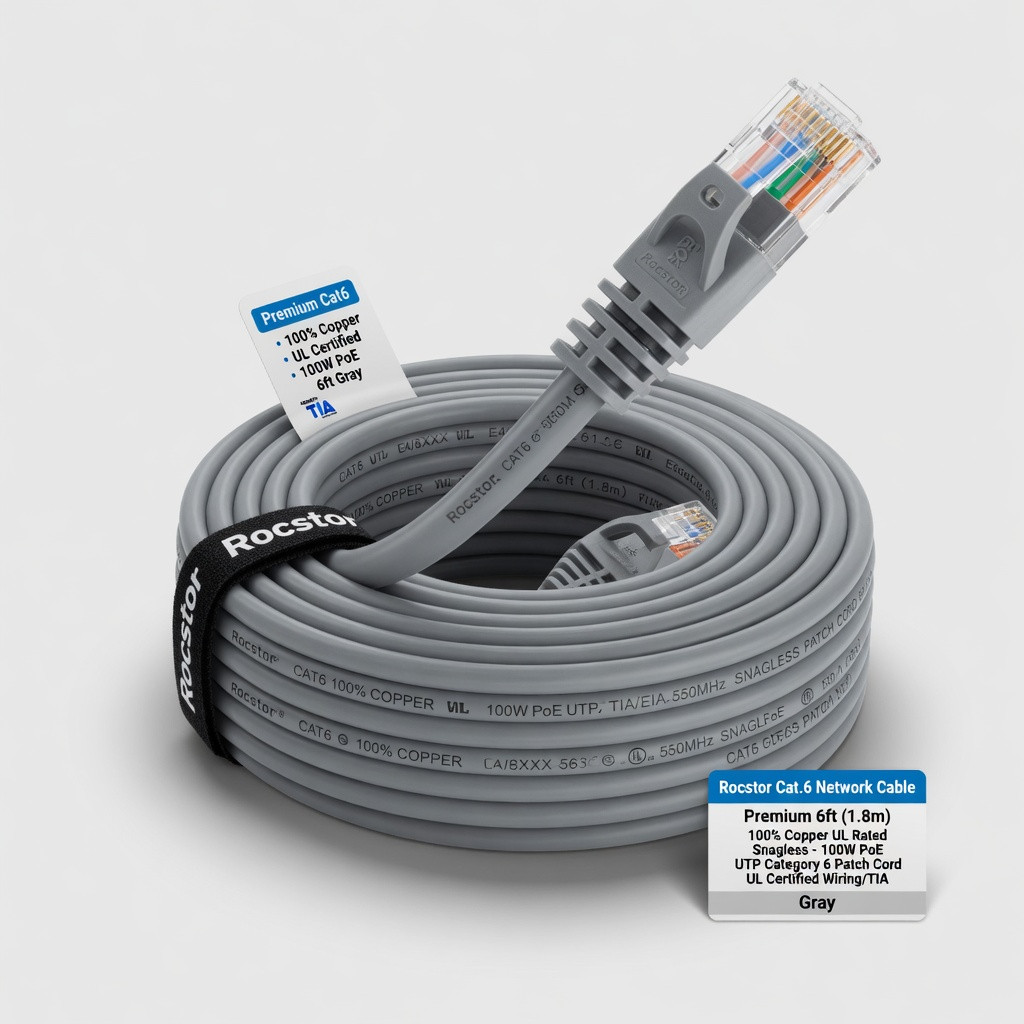 Rocstor Cat.6 Network Cable Premium 6ft (1.8m) CAT6 Ethernet Cable - 100% Copper UL Rated - Gray - Snagless - 100W PoE UTP Category 6 Patch Cord UL Certified Wiring/TIA - 6ft Gray CAT6 Ether