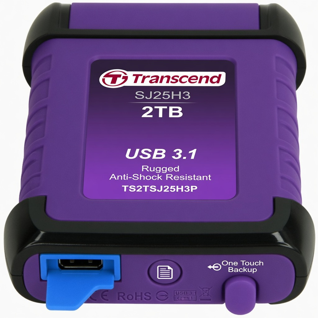 Transcend 2TB SJ25H3, USB 3.1 Portable Hard Drive Rugged, Anti-Shock Resistant, Compact and Lightweight with Lightning-Fast Speeds, One Touch Backup Button, Purple - TS2TSJ25H3P
