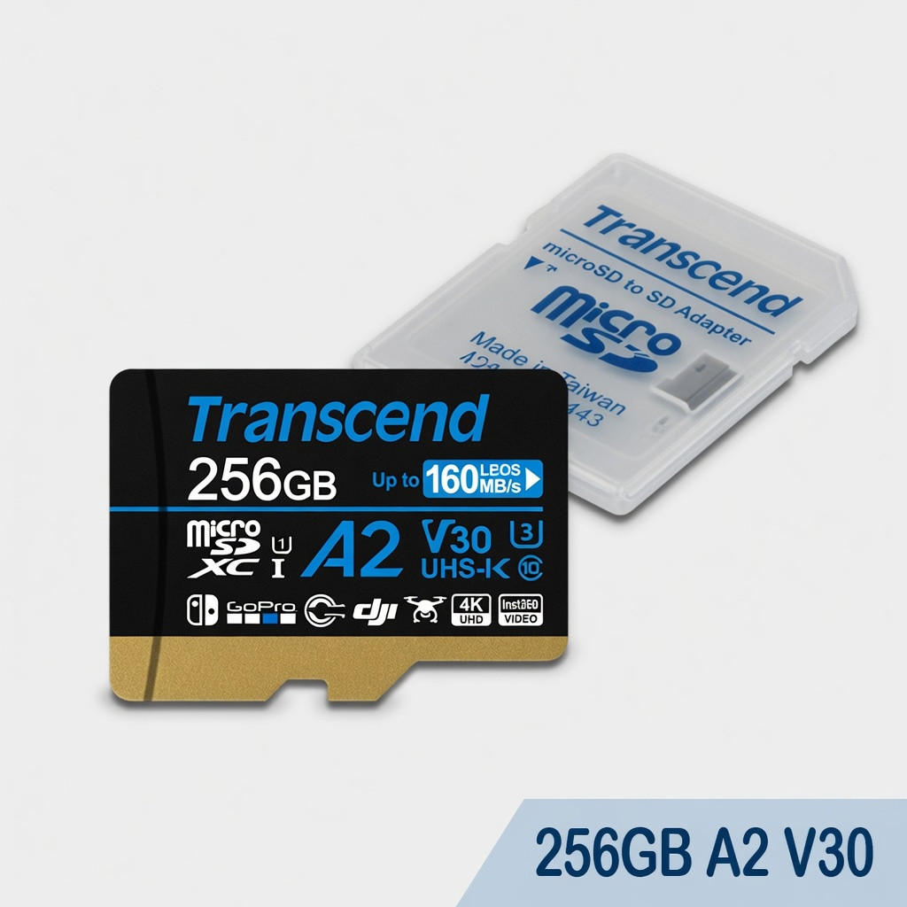 Transcend 256GB A2 V30 microSDXC Micro SD Card, Up to 160MB/s, for Nintendo Switch, GoPro, Steam Deck, ROG Ally, MSI Claw, DJI, Insta360, Action Camera, UHS-I U3 C10 4K UHD Video Memory Card w/Adapter