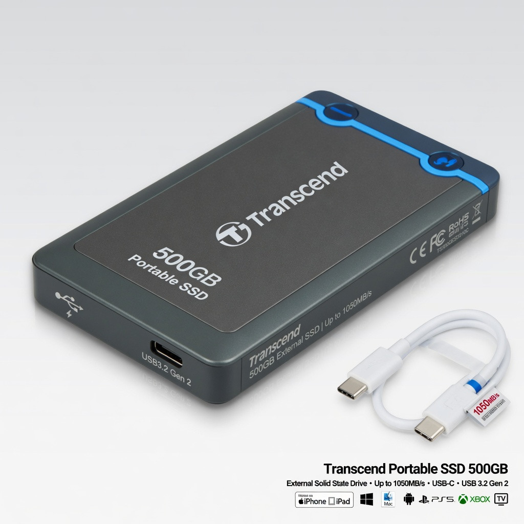 Transcend Portable SSD 500GB External Solid State Drives, up to 1050MB/s USB C SSD External Hard Drive USB 3.2 Gen 2 for iPhone, iPad, Windows, Mac, Android, Tablets, PS5, PS4, Xbox and Smart TV