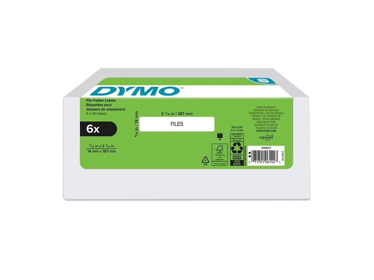 DYMO Authentic LW 1-Up File Folder Labels for LabelWriter Label Printers, White, 6 Rolls of 130