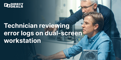 Technician reviewing error logs on dual screen workstation