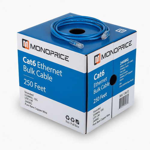 Monoprice Cat6 Ethernet Bulk Cable - Stranded, 550Mhz, 10G, UTP, CM, 24AWG, Pure Bare Copper Wire, Pull Box, 250 Feet, Blue