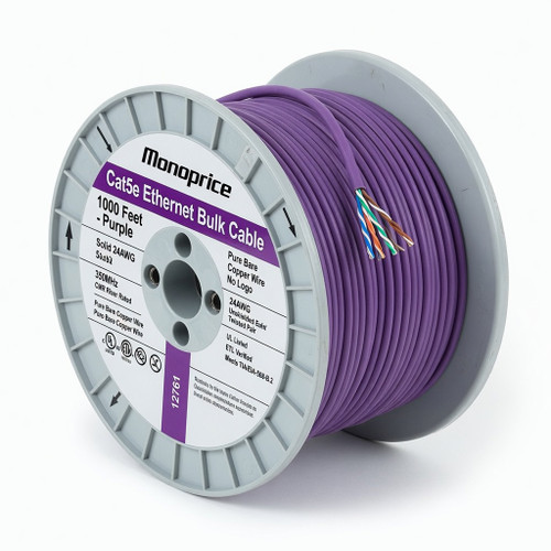 Monoprice Cat5e Ethernet Bulk Cable - 1000 Feet - Purple | Network Internet Cord - Solid, 350Mhz, CMR, Riser Rated, Pure Bare Copper Wire, 24AWG, N...