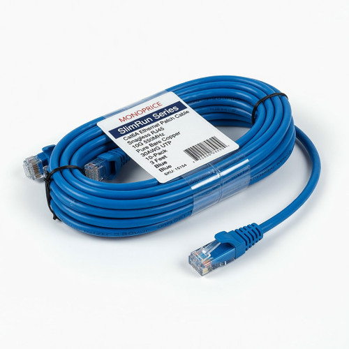 Monoprice Cat6A Ethernet Patch Cable - Snagless RJ45, 550Mhz, 10G, UTP, Pure Bare Copper Wire, 30AWG, 10-Pack, 3 Feet, Blue - SlimRun Series