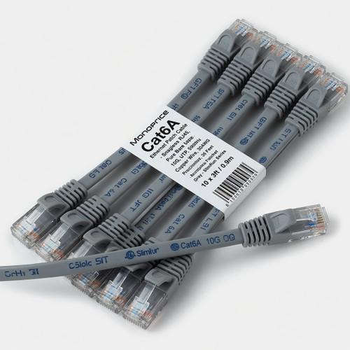 Monoprice Cat6A Ethernet Patch Cable - Snagless RJ45, 550Mhz, 10G, UTP, Pure Bare Copper Wire, 30AWG, 10-Pack, 3 Feet, Gray - SlimRun Series
