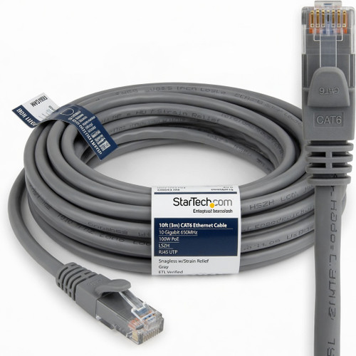 StarTech 10ft (3m) CAT6 Ethernet Cable - LSZH (Low Smoke Zero Halogen) - 10 Gigabit 650MHz 100W PoE RJ45 UTP Network Patch Cord Snagless w/Strain Relief - Gray CAT 6, ETL Verified (N6LPATCH10GR)