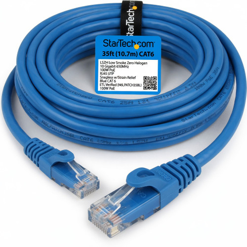 StarTech.com 35ft (10.7m) CAT6 Ethernet Cable - LSZH (Low Smoke Zero Halogen) - 10 Gigabit 650MHz 100W PoE RJ45 UTP Network Patch Cord Snagless w/Strain Relief - Blue CAT 6 ETL Verified (N6LPATCH35BL)